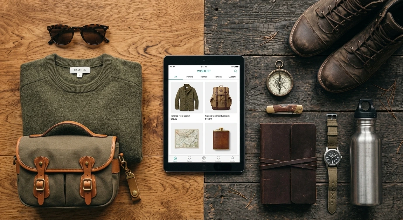 Flatlay of outdoor gear and accessories organized on a table around a digital tablet